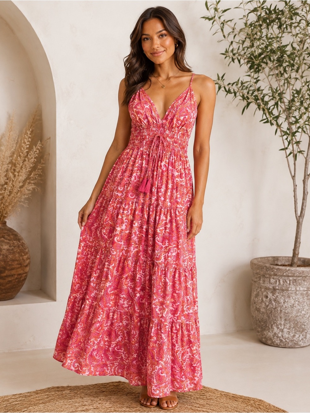 Island Soul Pink Red Gold‎ Metallic Paisley Smocked Tiered Halter Maxi Dress NWT